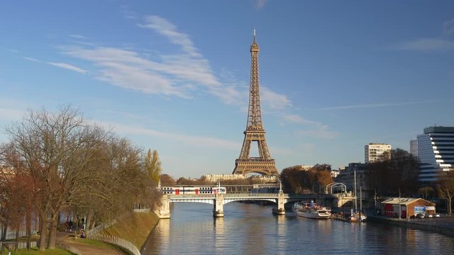 sunny day famous paris seine river eiffel tower panorama 4k france
