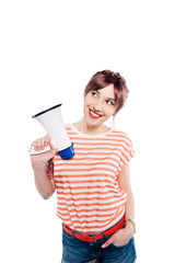 smiling young woman with loudspeaker