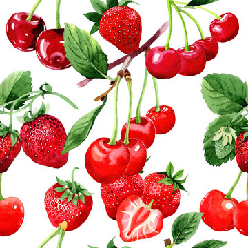 Cherry healthy food pattern in a watercolor style. Full name of the fruit: cherry. Aquarelle wild fruit for background, texture, wrapper pattern or menu.