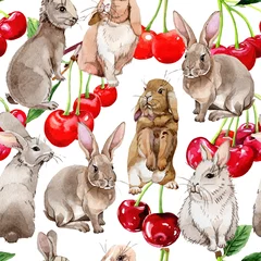 Behang Cherry gezond voedselpatroon in een aquarelstijl. Volledige naam van de vrucht: kers. Aquarelle wild fruit voor achtergrond, textuur, wrapper patroon of menu. © yanushkov