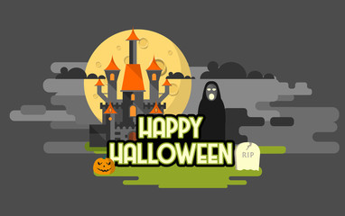 Flat Design of Vector Halloween Castle and Landscape.