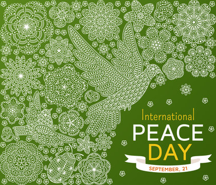 International Peace Day background with ornate birds and flowers. Vector illustration.