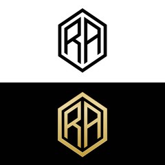 initial letters logo ra black and gold monogram hexagon shape vector