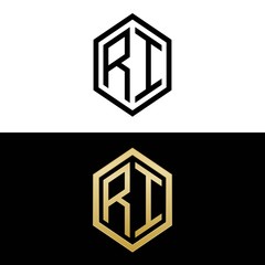 initial letters logo ri black and gold monogram hexagon shape vector