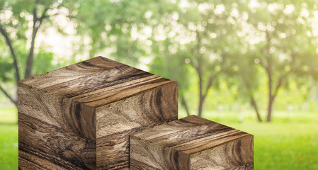 Product display stand made from rustic brown wood in two step with copy space for display of...