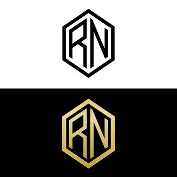 initial letters logo rn black and gold monogram hexagon shape vector