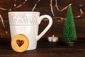 Cookie, hot chocolate, Christmas tree, and copy space