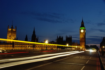 Fototapeta na wymiar Light trails over Westminster Bridge London