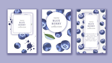 Hand drawn watercolor banner set with blueberry. Card design for sweets and pastries filled with fruit, candy, yogurt, dessert menu, health care products. With place for text
