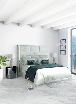Vertical Bedroom Minimal or Loft style Interior Design. 3D Rendering. Concept idea.
