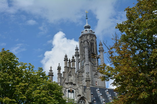 Stadhuis Middelburg   -   altes Rathaus in Holland, mit Bäume im Vordergrund und mit blauem Himmel