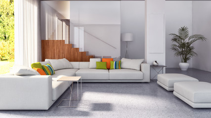 Modern bright living room, white wall. 3D rendering