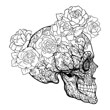 Sugar skull with decorative pattern and a wreath of red roses. Stock line vector illustration.  Outline hand drawing coloring page for adult coloring book.