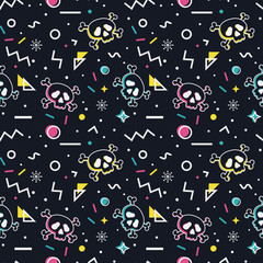 Seamless pattern with skulls. Memphis style.