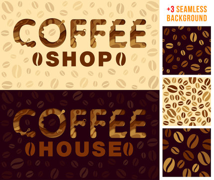 Coffee design template and +3 seamless coffee background. Vector