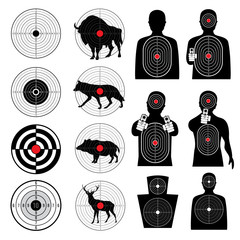 Gun shooting targets and aiming target silhouettes vector collection