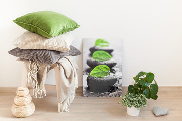 gray and green cushions cozy home interior