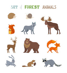 Vector set of wild forest animals made in cartoon style.