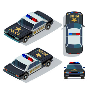 Vector flat-style cars in different views. Isometric police car