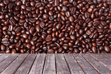 wood table coffee beans background