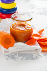 Homemade carrot puree with ingredients on white background. Space for text