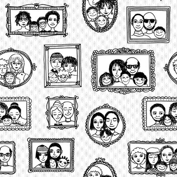 Seamless pattern of cute family pictures hanging on the wall, in black and white