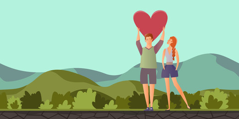 Young couple in love. Man and woman on a romantic date in mountain landscape. A man holding a heart. Vector illustration.