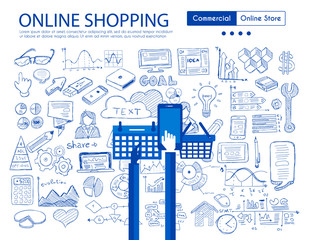 Online Shopping concept with Business Doodle design style: online carts, sales and offers, best timing.
