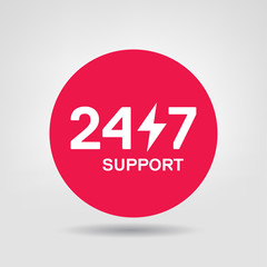 24 hours / 7 days per week. Support Online Service vector Red Circle Design Element. Vector Sticker of online 24/7 support service, can be used in logo, UI and web design symbol.