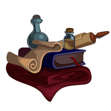 Medieval books, manuscripts scroll, vials and plaid. Image in cartoon design. Vector illustration isolated on a white background