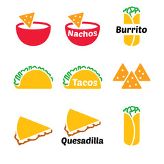 Mexican food vector icon set - tacos, nachos, burrito, quesadilla 
