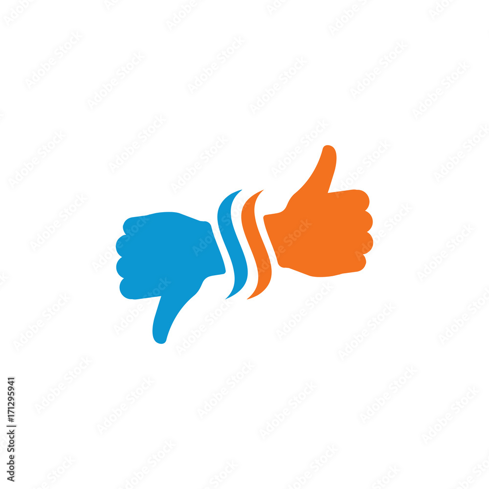Poster hand thumb up and down icon flat. illustration isolated on white background. vector blue and orange 