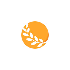 Abstract circle orange color logo, branch with leaves, round wheat icon. Round shape logotype.