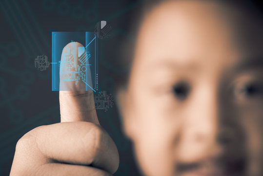Concept of the future of security through fingerprints , asian kid girl scan fingerprints