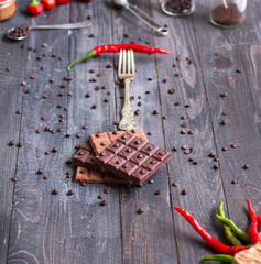 Dark chocolate and milk chocolate, with red hot chili peppers, free space for text