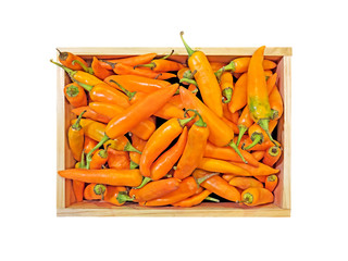 Yellow Chili Pepper in The Wooden Box on White Background, Clipping Path