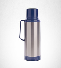 Thermo or Thermo flask from stainless stee on background.