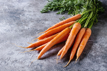Bundle of fresh organic carrot with haulm over gray texture background.
