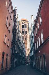 Fototapeta na wymiar Mary church tower on the Gdansk street