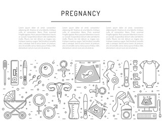 Vector icons pregnancy, obstetrics, gynecology outline icons. Medicine symbols mother, newborn health care, diagnostic equipment. Vector banner isolated on white background with place for text