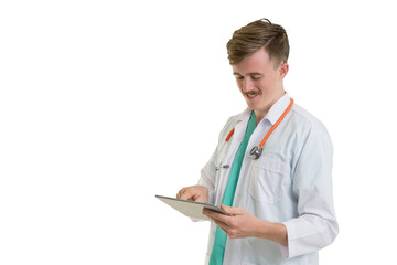 portrait medical doctor holding tablet on white background