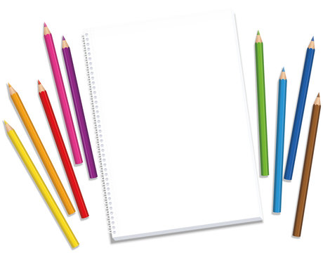 Sketchpad with colored crayons spaced around the blank paper waiting for the artists inspiration and creative ideas - isolated vector illustration on white background.