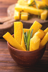 Polenta fries with rosemary. Italian appetizers. Horizontal view.