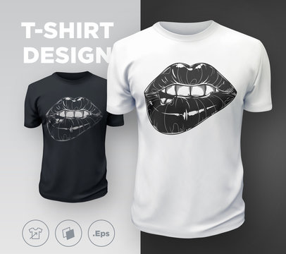 Woman's lips t-shirt print. Black and white girl's sexy mouth close up