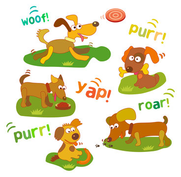 Dogs in cartoon style. Dog playing with a flying disc, eats from a bowl, holding the bone, on the footmark, looking at the sausage. eps8