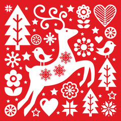 Christmas white Scandinavian folk art on red, reindeer, birds and flowers decoration or greetings card 