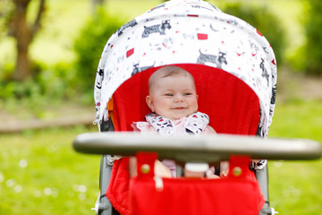 Cute little beautiful baby girl of 6 months sitting in the pram or stroller and waiting for mom