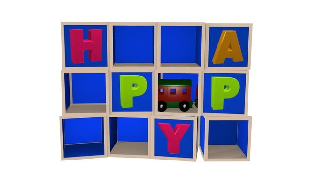 Spielzeugeisenbahn fährt durch Buchstabenwürfel, die zusammen das Wort Happy ergeben