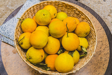 wicker basket with organic oranges