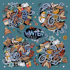 Cartoon set of Winter season doodles designs